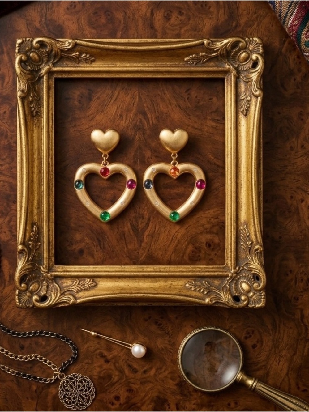 Gold Heart Drop Earrings with Multicolor Gemstones